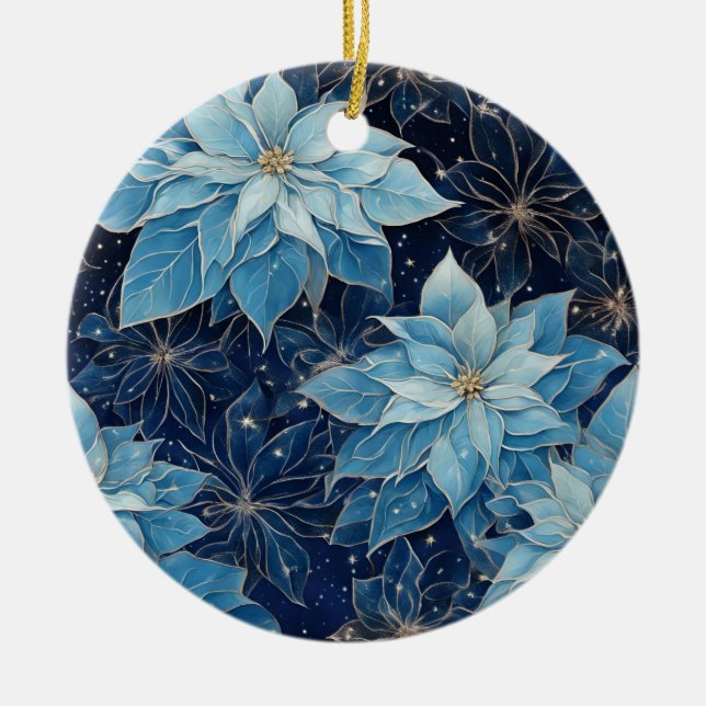 Blue Fantasy Poinsettia Ceramic Ornament (Front)