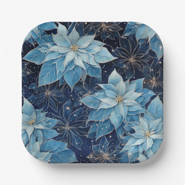 Blue Fantasy Poinsettia Paper Plate (Front)
