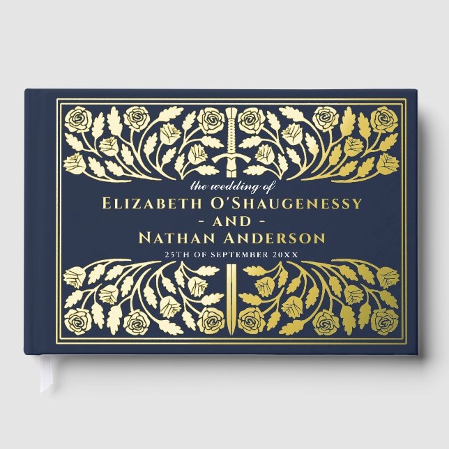 Blue Fantasy Royal Medieval Sword Wedding Guest Book (Front)