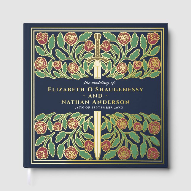 Blue Fantasy Royal Medieval Sword Wedding Guest Book (Front)