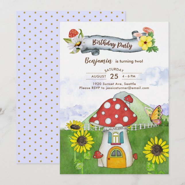 Blue Fantasy Woodland Toadstool House Fun Birthday Invitation (Front/Back)