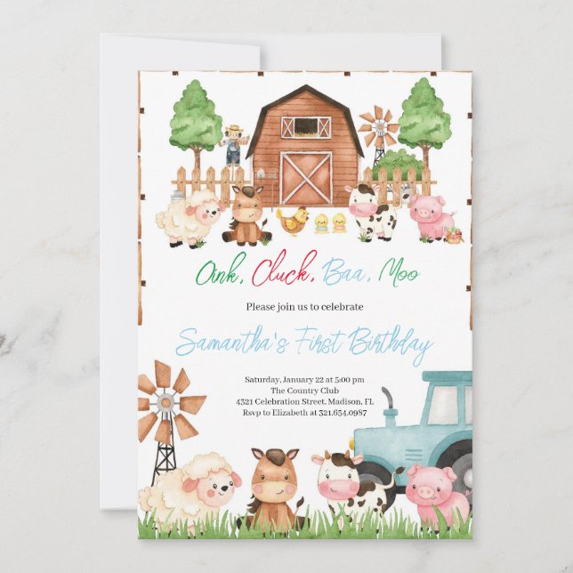 Blue Farm Animals Birthday Party Invitation (Front)