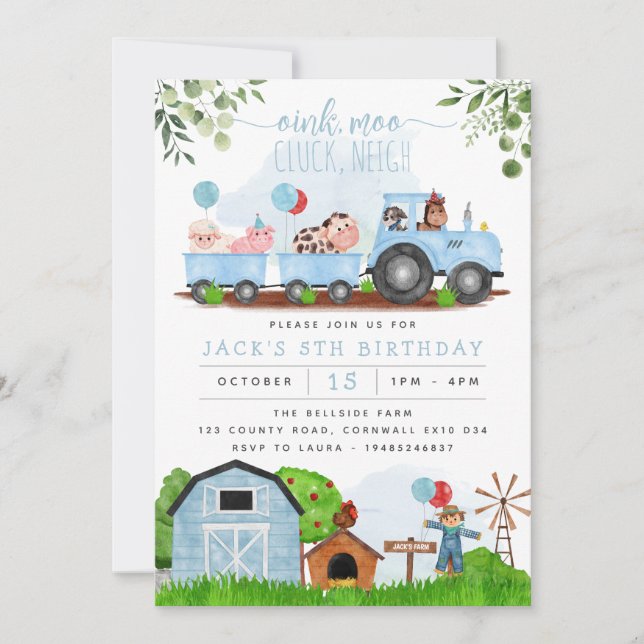 Blue Farm Barnyard Animals Birthday Invitation (Front)