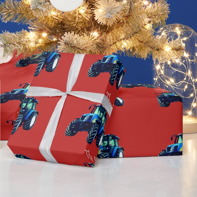 Blue Farm Tractors on Red Christmas Wrapping Paper (Holidays)