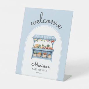 Blue Farmers Market Baby Shower Welcome Pedestal Sign