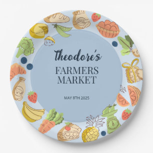 Blue Farmers Market Birthday Fruit & Vegetables Paper Plate