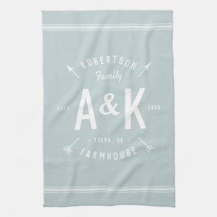 Blue Farmhouse Arrow Monogram   Editable Colours Kitchen Towel