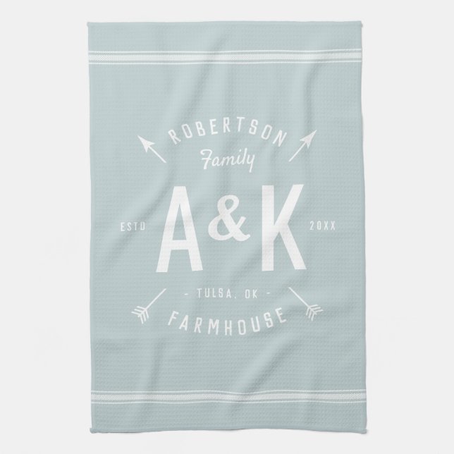 Blue Farmhouse Arrow Monogram | Editable Colours Kitchen Towel (Vertical)
