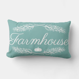 Blue Farmhouse Wheat Stalk Laurels Pumpkin & Name Lumbar Pillow