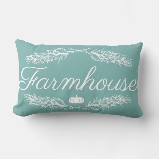 Blue Farmhouse Wheat Stalk Laurels Pumpkin & Name Lumbar Pillow (Front)