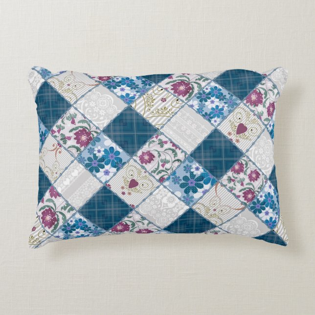 Blue fashionable rustic pattern of fabric scraps accent pillow (Front)