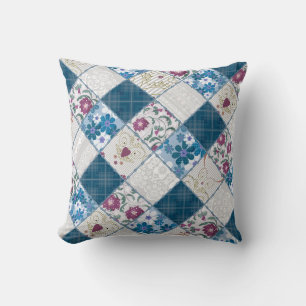 Blue fashionable rustic pattern of fabric scraps throw pillow
