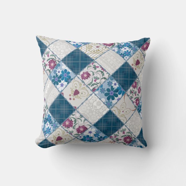 Blue fashionable rustic pattern of fabric scraps throw pillow (Front)