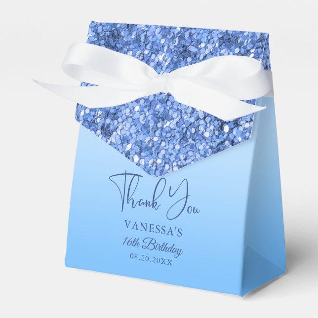 Blue Faux 16th Birthday Glitter Thank You Favor Box (Front Side)