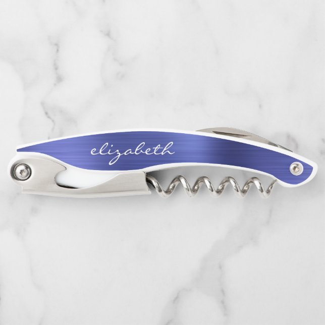 Blue Faux Brushed Metal Personalized Script Corkscrew (Front)