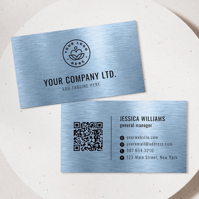 Blue Faux Brushed Metal Professional QR Code Business Card (Creator Uploaded)