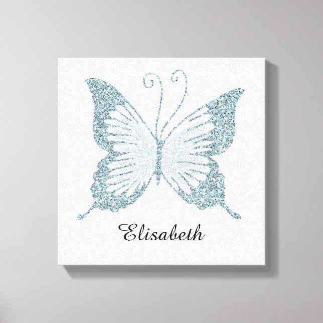 Blue Faux Glitter Butterfly Personalized Canvas Print (Front)