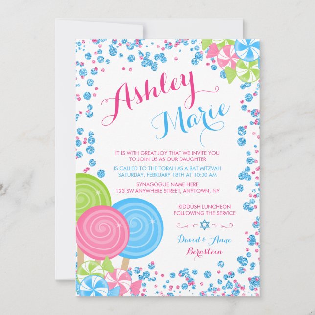 Blue Faux Glitter Candy Bat Mitzvah Invitations (Front)
