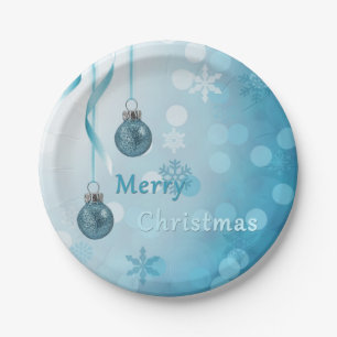 Blue Faux Glitter Christmas Ornaments Paper Plate