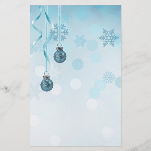 Blue Faux Glitter Christmas Ornaments Stationery (Front)