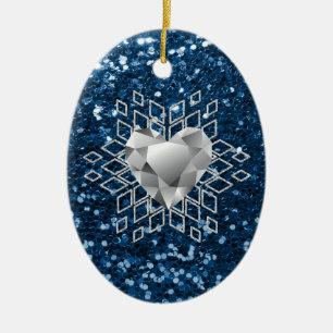 Blue Faux Glitter Diamond Heart Snowflake Ceramic Ornament