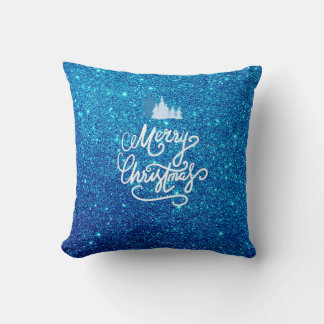 Blue Faux Glitter Heart Photo Family Christmas Throw Pillow