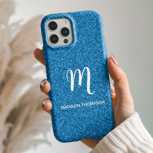 Blue Faux Glitter Personalized Monogram Name iPhone 16 Case