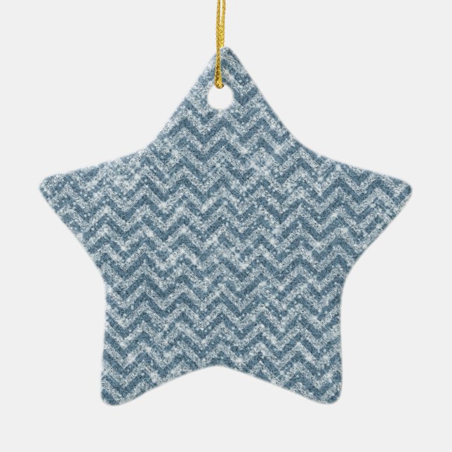 Blue Faux Glitter Sparkle Chevron Ceramic Ornament (Front)