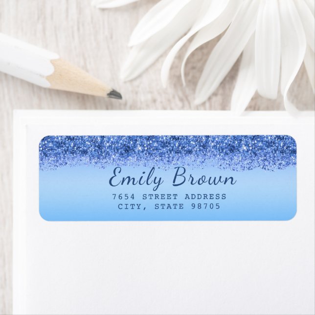 Blue Faux Glitter Sweet 16 Party Return Address (Insitu)
