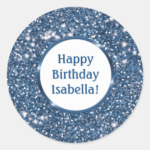 Blue Faux Glitter Texture Custom Happy Birthday Classic Round Sticker