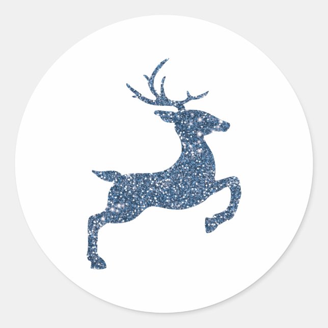 Blue Faux Glitter Texture Look Jumping Deer Classic Round Sticker (Front)