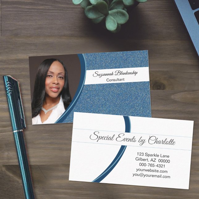 Blue Faux Glitter with Professional Custom Photo  Business Card (Creator Uploaded)
