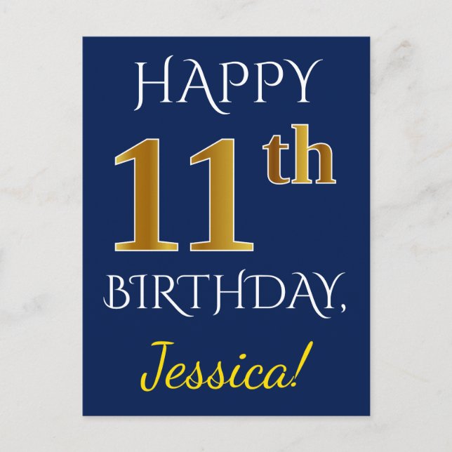 Blue, Faux Gold 11th Birthday + Custom Name Postcard (Front)