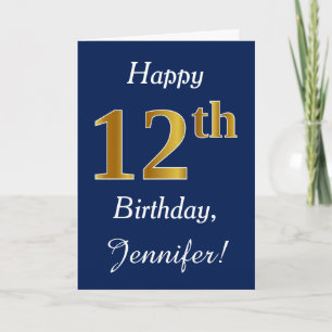 Blue, Faux Gold 12th Birthday + Custom Name Card