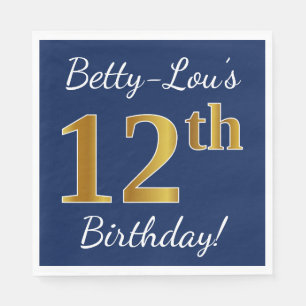 Blue, Faux Gold 12th Birthday + Custom Name Napkin