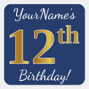 Blue, Faux Gold 12th Birthday + Custom Name Square Sticker