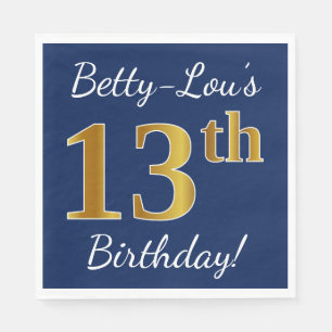 Blue, Faux Gold 13th Birthday + Custom Name Napkin