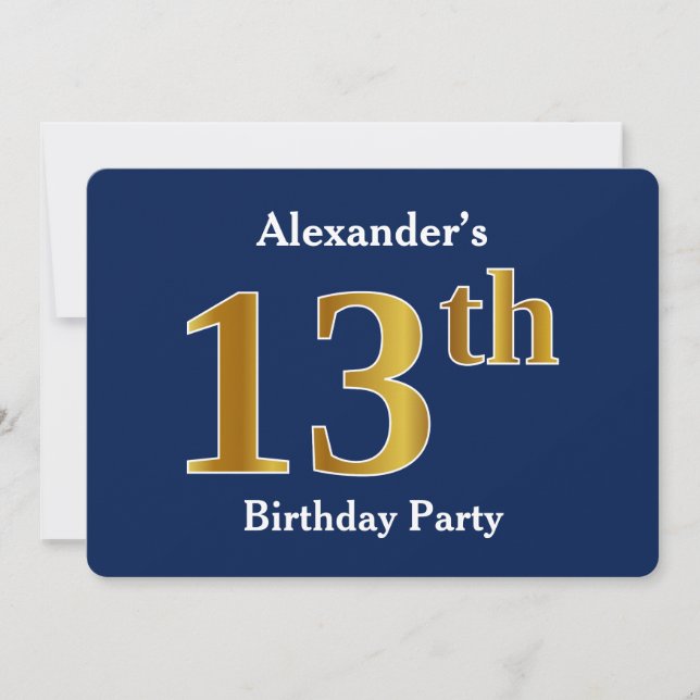 Blue, Faux Gold 13th Birthday Party + Custom Name Invitation (Front)
