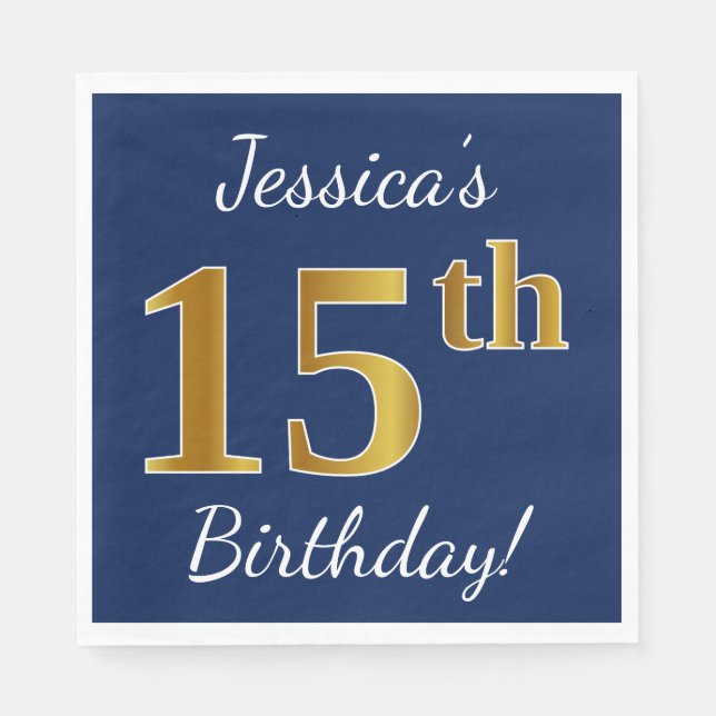 Blue, Faux Gold 15th Birthday + Custom Name Napkin (Front)