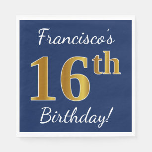 Blue, Faux Gold 16th Birthday + Custom Name Napkin