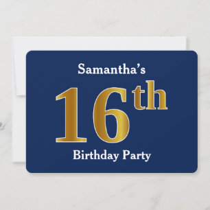 Blue, Faux Gold 16th Birthday Party + Custom Name Invitation