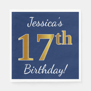 Blue, Faux Gold 17th Birthday + Custom Name Napkin