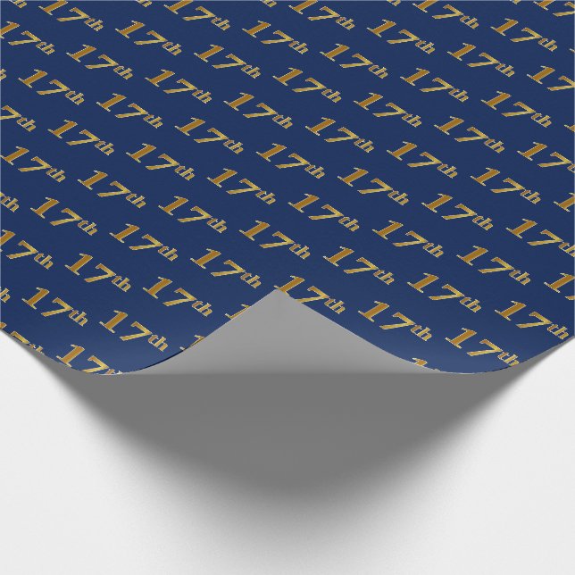 Blue, Faux Gold 17th (Seventeenth) Event Wrapping Paper (Corner)