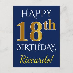 Blue, Faux Gold 18th Birthday + Custom Name Postcard