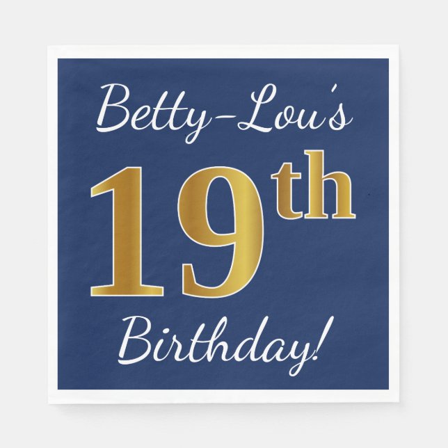 Blue, Faux Gold 19th Birthday + Custom Name Napkin (Front)