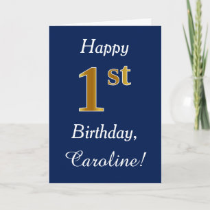 Blue, Faux Gold 1st Birthday + Custom Name Card