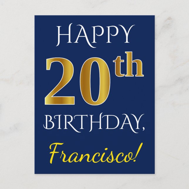 Blue, Faux Gold 20th Birthday + Custom Name Postcard (Front)