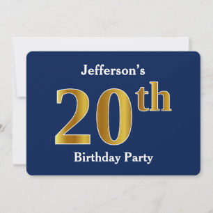 Blue, Faux Gold 20th Birthday Party + Custom Name Invitation