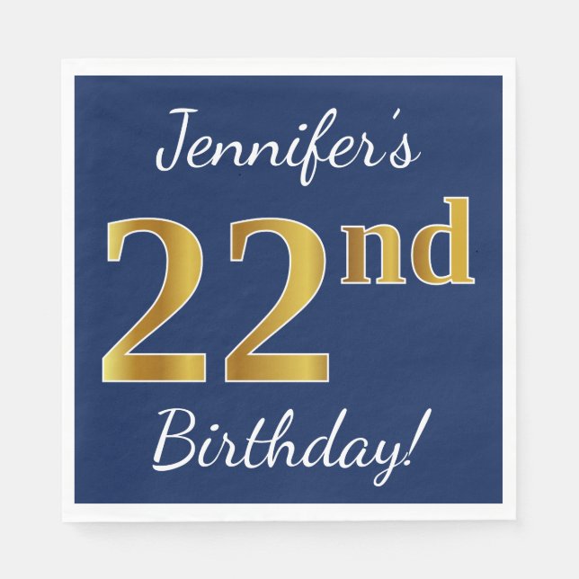 Blue, Faux Gold 22nd Birthday + Custom Name Napkin (Front)