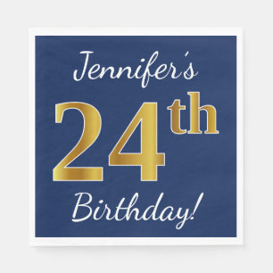 Blue, Faux Gold 24th Birthday + Custom Name Napkin